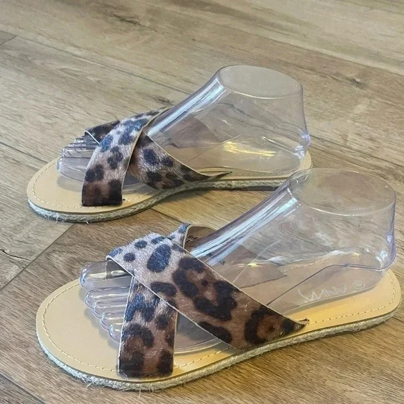 Anna women’s slide in Sandals leopard print pony hair cross cross flats new - Picture 3 of 6